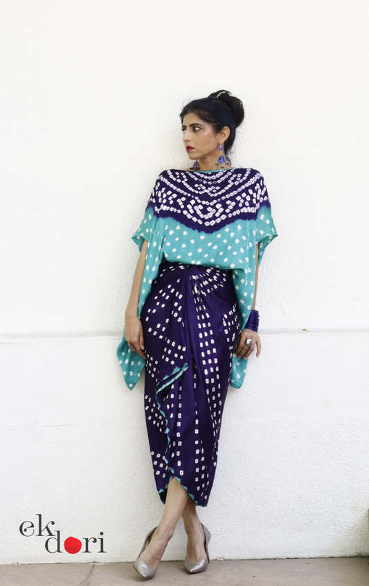 Bandhani Modal Co-ord Skirt Set 'Ocean' : 2 Piece Skirt & Bandhani Top Set