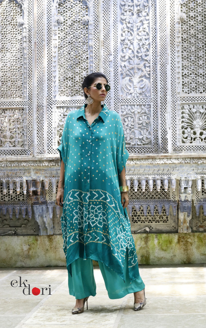 Bandhani Kaftan Kurta Dress 'Teal Truth' : Modal Bandhani Kaftan Kurta & Palazzo Set I Free Size