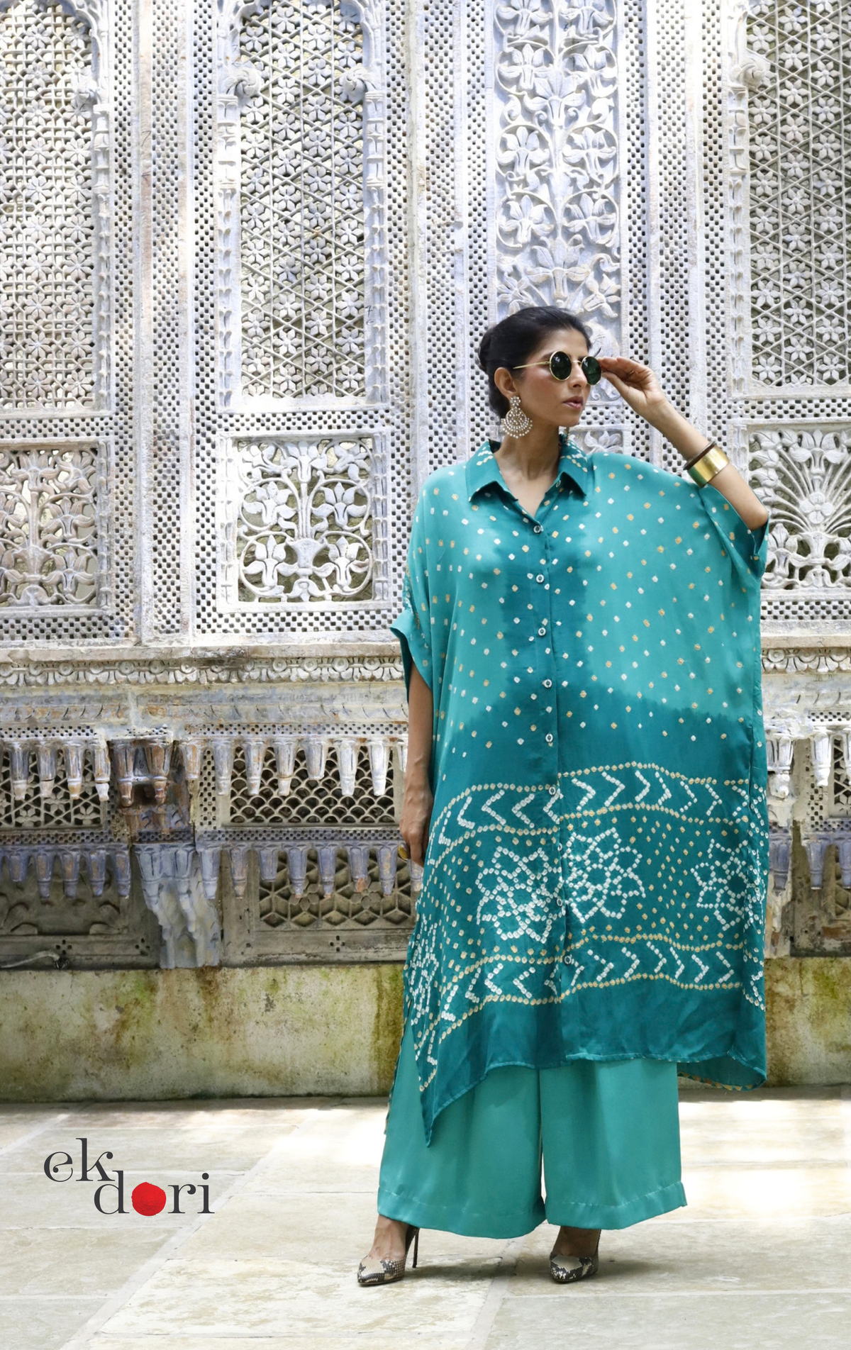 Bandhani Kaftan Kurta Dress 'Teal Truth' : Modal Bandhani Kaftan Kurta & Palazzo Set I Free Size