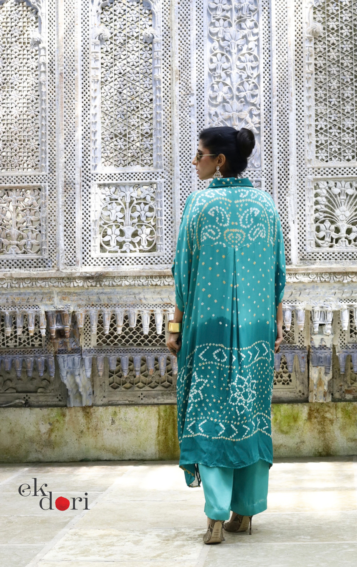 Bandhani Kaftan Kurta Dress 'Teal Truth' : Modal Bandhani Kaftan Kurta & Palazzo Set I Free Size