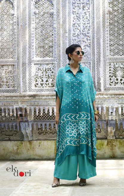 Bandhani Kaftan Kurta Dress 'Teal Truth' : Modal Bandhani Kaftan Kurta & Palazzo Set I Free Size