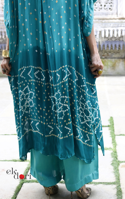 Bandhani Kaftan Kurta Dress 'Teal Truth' : Modal Bandhani Kaftan Kurta & Palazzo Set I Free Size