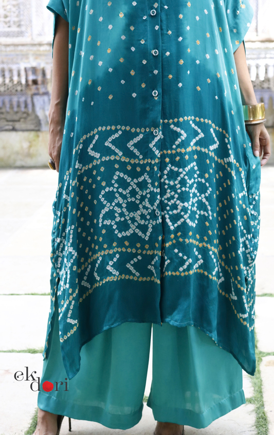 Bandhani Kaftan Kurta Dress 'Teal Truth' : Modal Bandhani Kaftan Kurta & Palazzo Set I Free Size