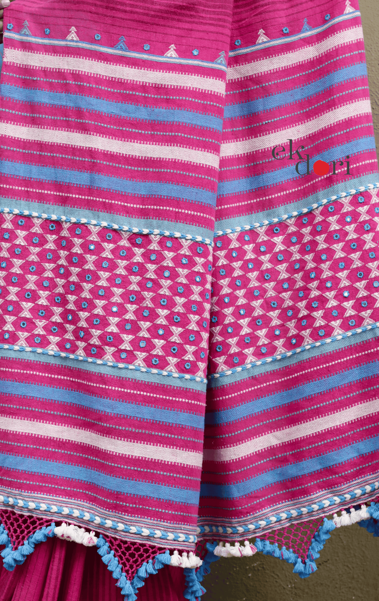 Bhujodi Saree 'Pink Haze' Striped Mirror Work Bhujodi Saree : Pure Kala Cotton Unique Bhujodi Handloom Saree