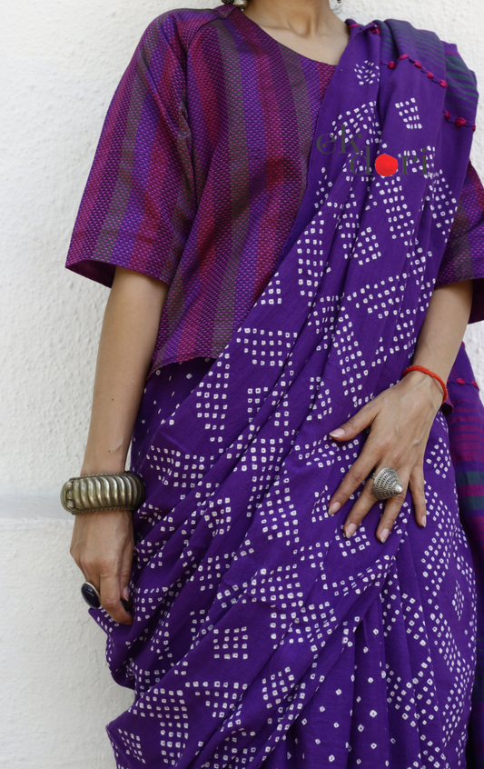 Kala Cotton Bhujodi Bandhani Saree : Pure Kala Cotton Purple Bandhani Bhujodi Handloom Saree