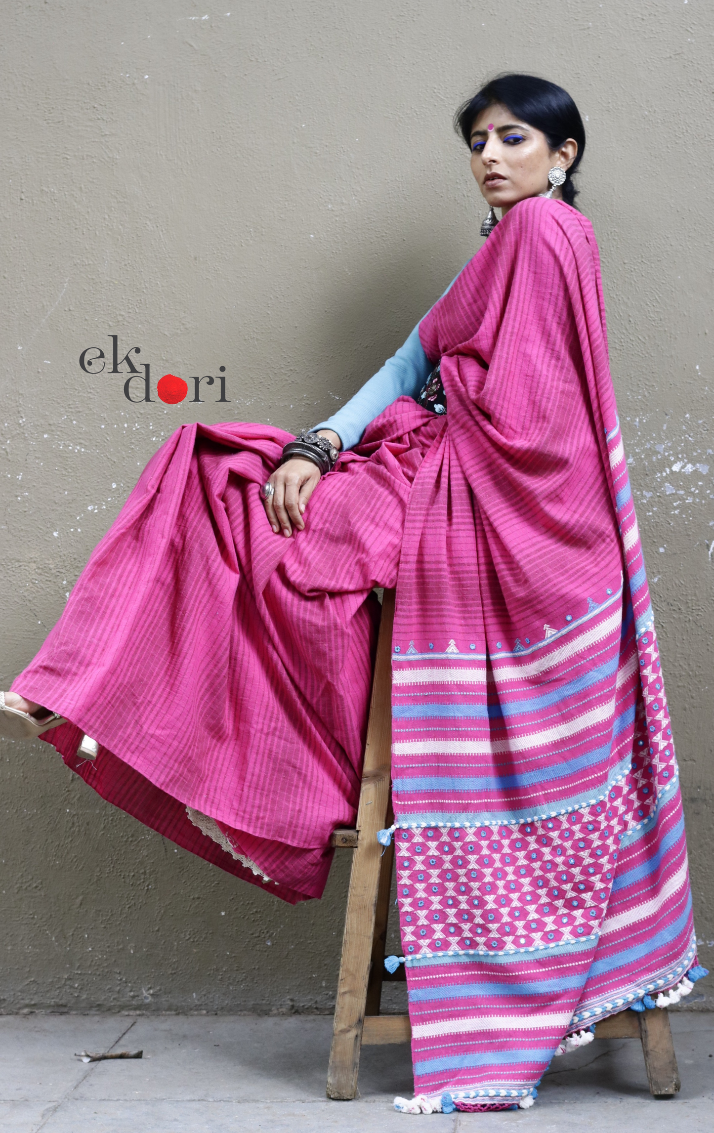 Bhujodi Saree 'Pink Haze' Striped Mirror Work Bhujodi Saree : Pure Kala Cotton Unique Bhujodi Handloom Saree