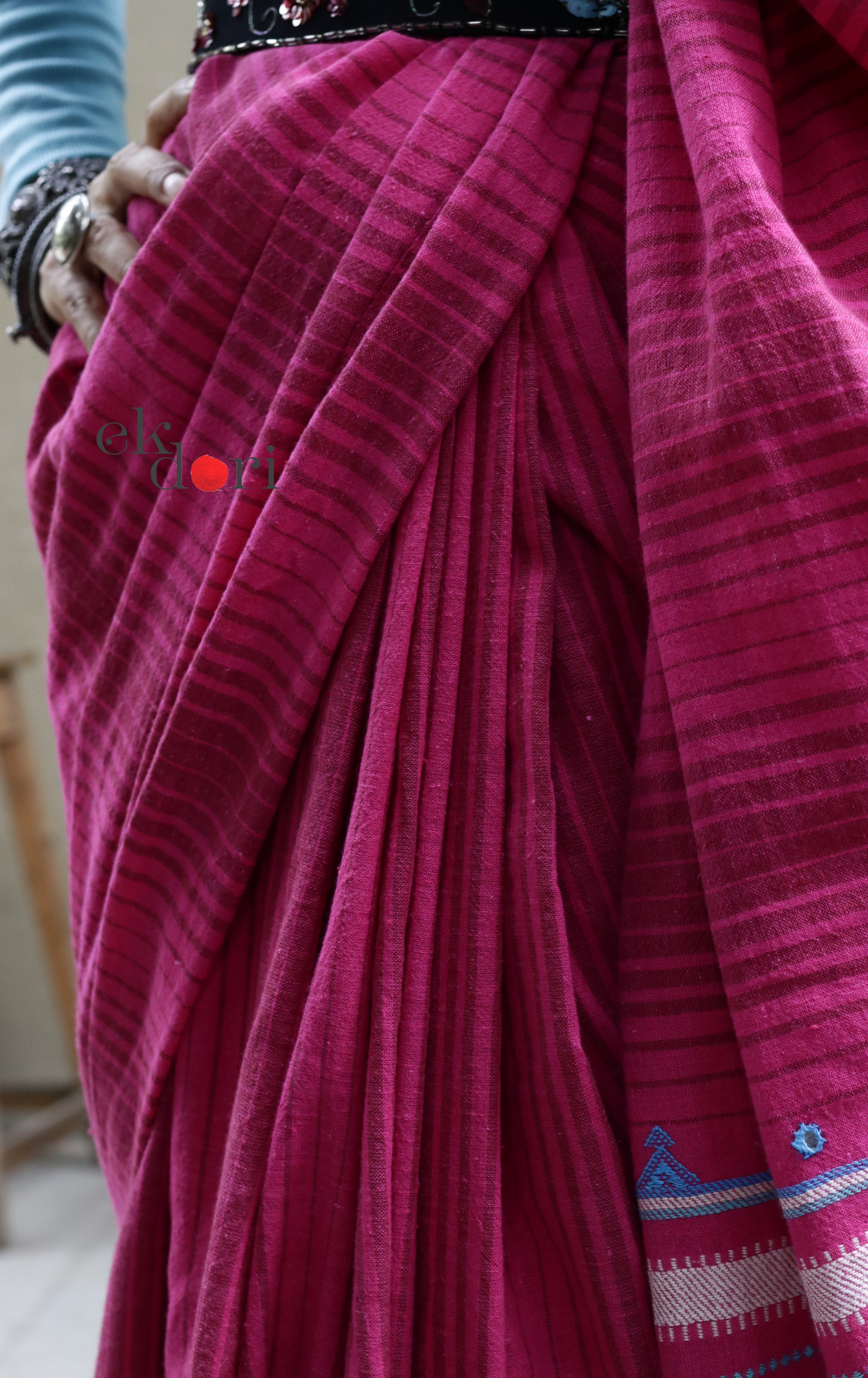 Bhujodi Saree 'Pink Haze' Striped Mirror Work Bhujodi Saree : Pure Kala Cotton Unique Bhujodi Handloom Saree