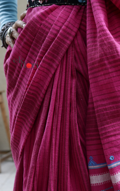 Bhujodi Saree 'Pink Haze' Striped Mirror Work Bhujodi Saree : Pure Kala Cotton Unique Bhujodi Handloom Saree