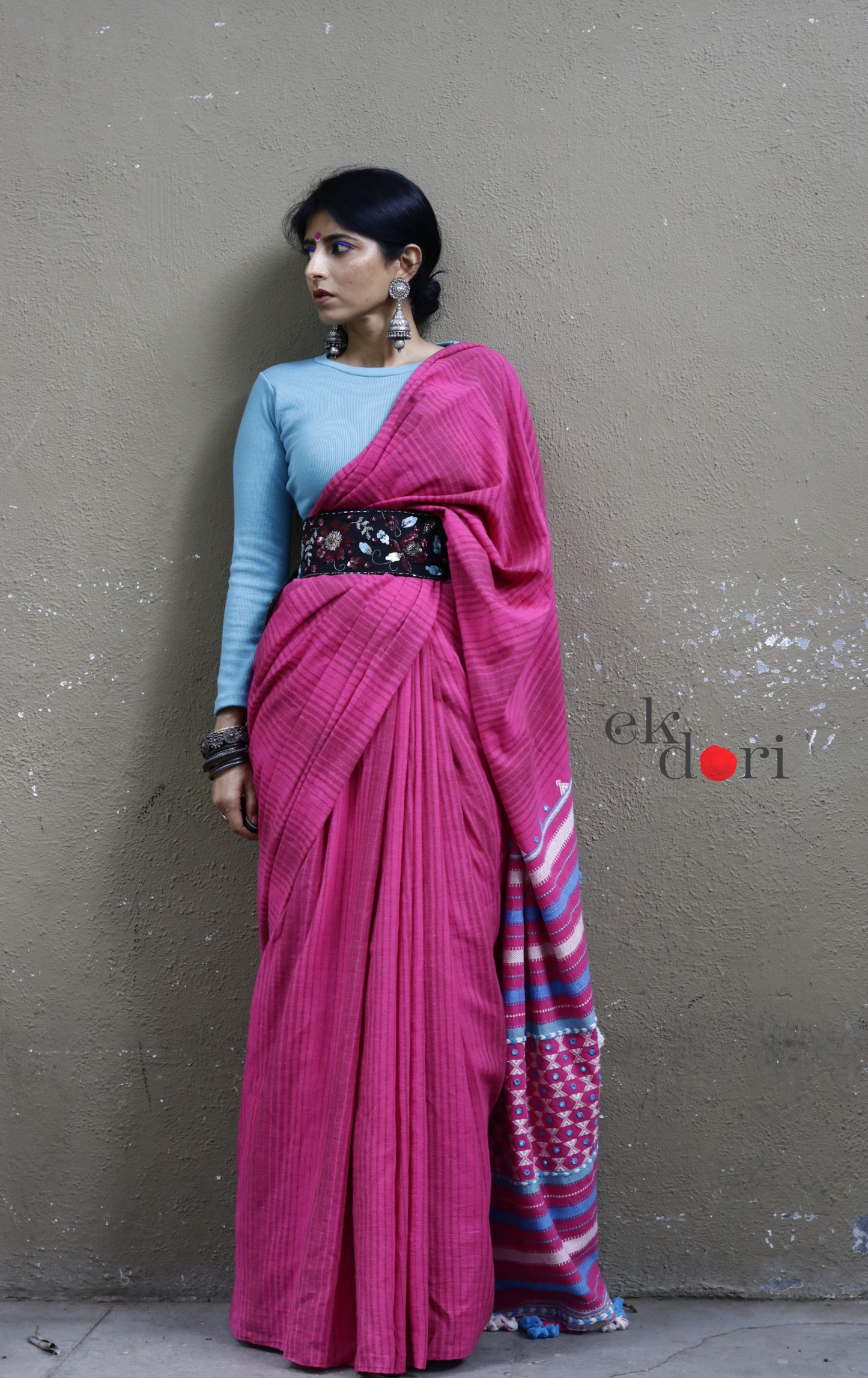 Bhujodi Saree 'Pink Haze' Striped Mirror Work Bhujodi Saree : Pure Kala Cotton Unique Bhujodi Handloom Saree