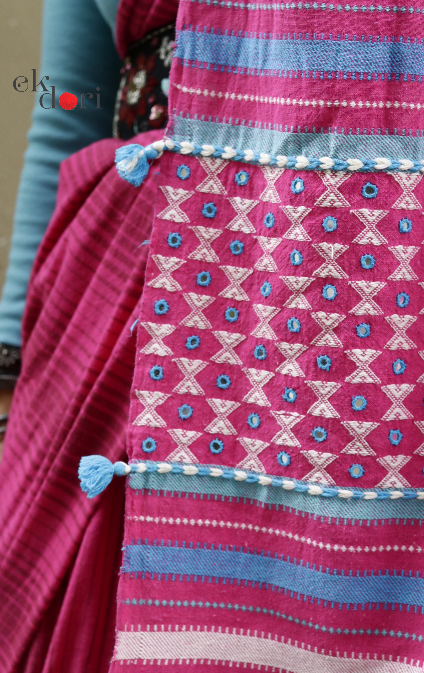 Bhujodi Saree 'Pink Haze' Striped Mirror Work Bhujodi Saree : Pure Kala Cotton Unique Bhujodi Handloom Saree