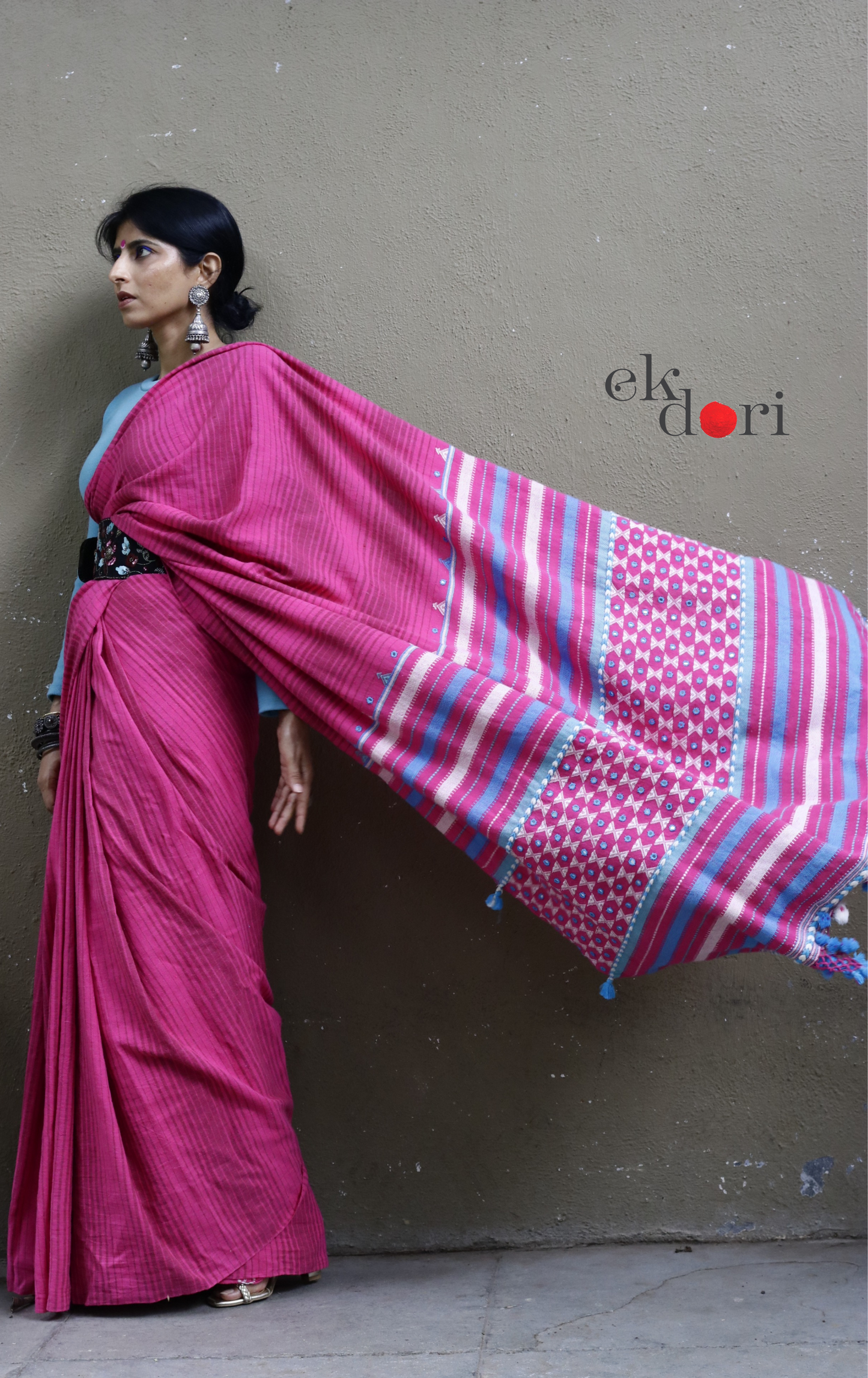 Bhujodi Saree 'Pink Haze' Striped Mirror Work Bhujodi Saree : Pure Kala Cotton Unique Bhujodi Handloom Saree