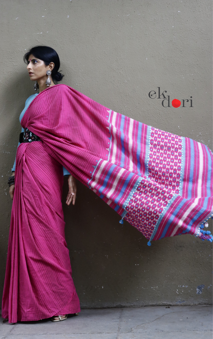 Bhujodi Saree 'Pink Haze' Striped Mirror Work Bhujodi Saree : Pure Kala Cotton Unique Bhujodi Handloom Saree