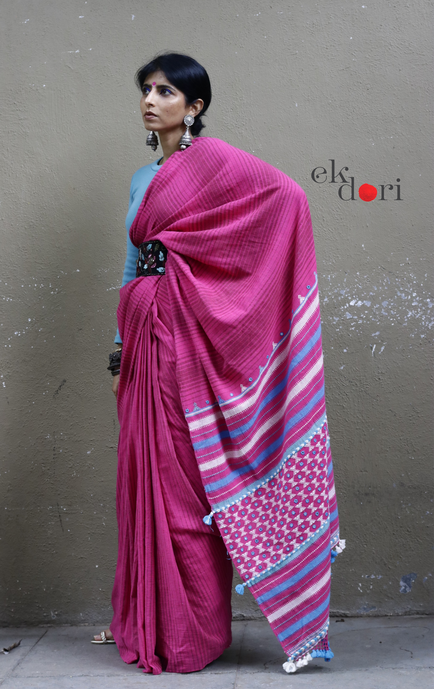 Bhujodi Saree 'Pink Haze' Striped Mirror Work Bhujodi Saree : Pure Kala Cotton Unique Bhujodi Handloom Saree