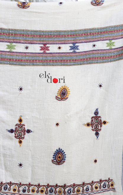Bhujodi Saree 'Salt Desert' White Handloom Hand Embroidered Mirror Work Bhujodi Saree : Pure Kala Cotton Unique Bhujodi Handloom Saree