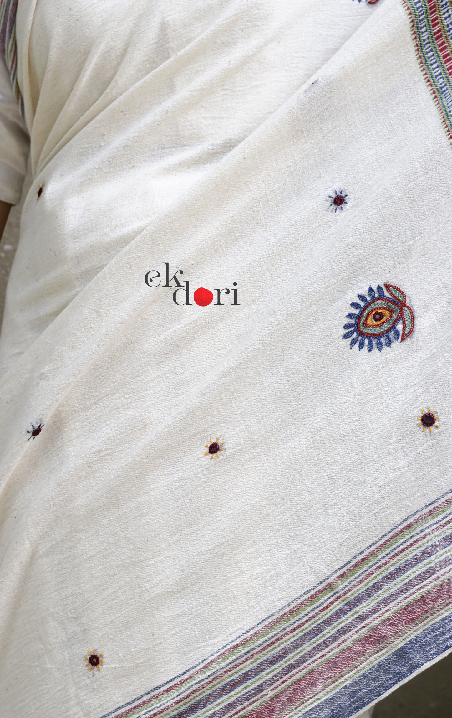 Bhujodi Saree 'Salt Desert' White Handloom Hand Embroidered Mirror Work Bhujodi Saree : Pure Kala Cotton Unique Bhujodi Handloom Saree