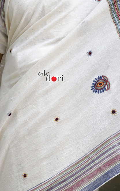 Bhujodi Saree 'Salt Desert' White Handloom Hand Embroidered Mirror Work Bhujodi Saree : Pure Kala Cotton Unique Bhujodi Handloom Saree