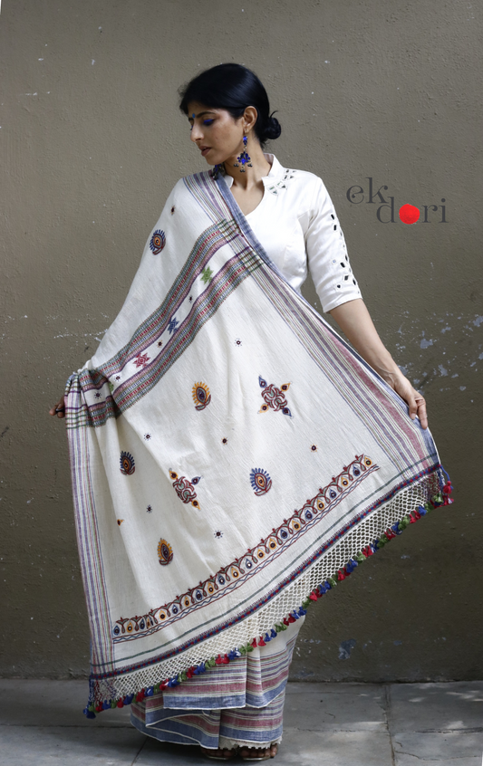 Bhujodi Saree 'Salt Desert' White Handloom Hand Embroidered Mirror Work Bhujodi Saree : Pure Kala Cotton Unique Bhujodi Handloom Saree