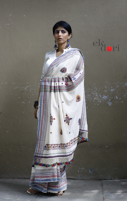 Bhujodi Saree 'Salt Desert' White Handloom Hand Embroidered Mirror Work Bhujodi Saree : Pure Kala Cotton Unique Bhujodi Handloom Saree