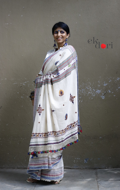 Bhujodi Saree 'Salt Desert' White Handloom Hand Embroidered Mirror Work Bhujodi Saree : Pure Kala Cotton Unique Bhujodi Handloom Saree