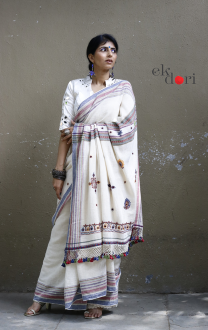 Bhujodi Saree 'Salt Desert' White Handloom Hand Embroidered Mirror Work Bhujodi Saree : Pure Kala Cotton Unique Bhujodi Handloom Saree