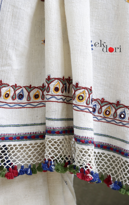 Bhujodi Saree 'Salt Desert' White Handloom Hand Embroidered Mirror Work Bhujodi Saree : Pure Kala Cotton Unique Bhujodi Handloom Saree