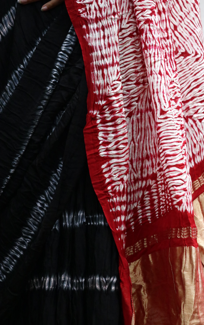 Buy Statement Black Shibori Saree : Black Shibori Cocktail Saree 'Dark Love'
