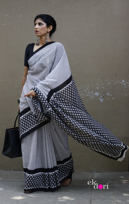 Buy Block Printed Cotton Work Saree Online : 'Boss Babe In Black' Block Print Cotton Saree