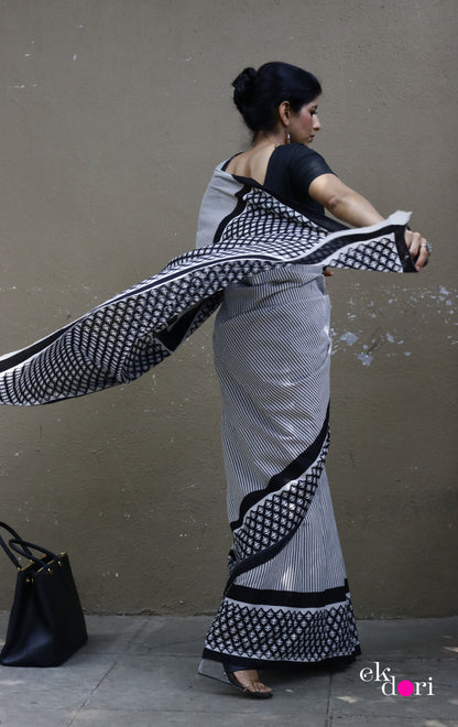 Buy Block Printed Cotton Work Saree Online : 'Boss Babe In Black' Block Print Cotton Saree