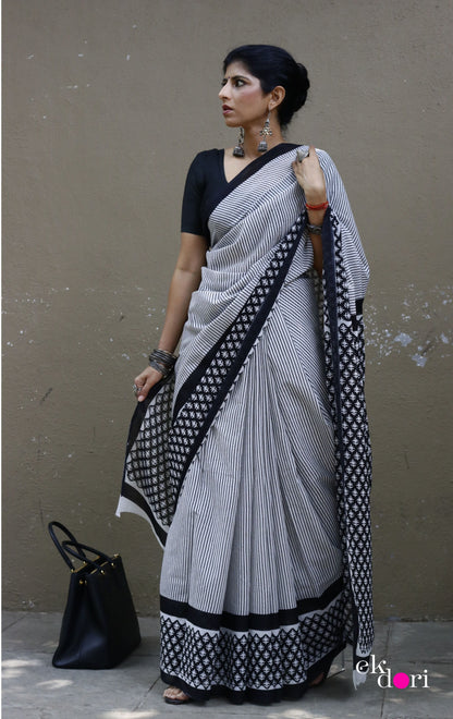 Buy Block Printed Cotton Work Saree Online : 'Boss Babe In Black' Block Print Cotton Saree