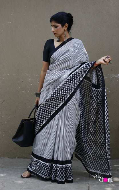 Buy Block Printed Cotton Work Saree Online : 'Boss Babe In Black' Block Print Cotton Saree