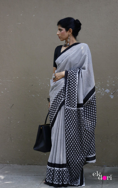 Buy Block Printed Cotton Work Saree Online : 'Boss Babe In Black' Block Print Cotton Saree