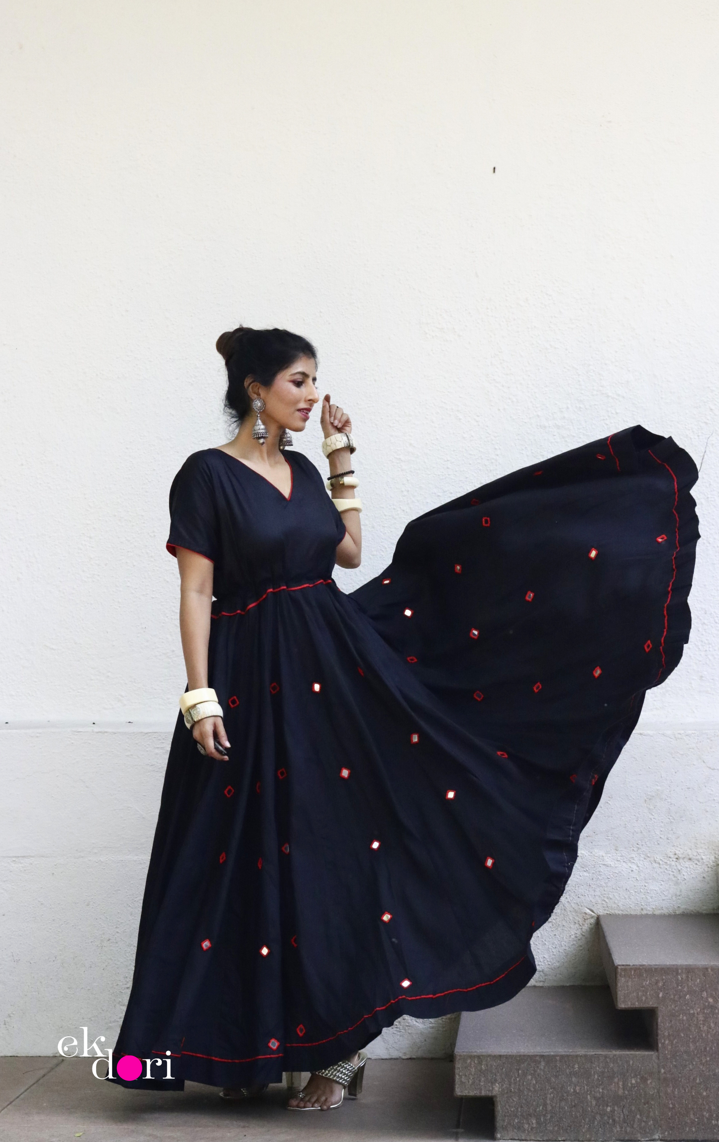 'Taaron Bhara Aasman' Mirror Work Cotton Anarkali Festive Dress : Festive Navratri Cotton Maxi Dress