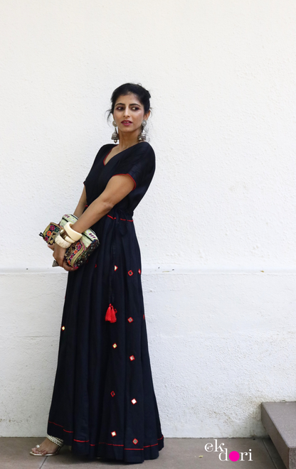 'Taaron Bhara Aasman' Mirror Work Cotton Anarkali Festive Dress : Festive Navratri Cotton Maxi Dress