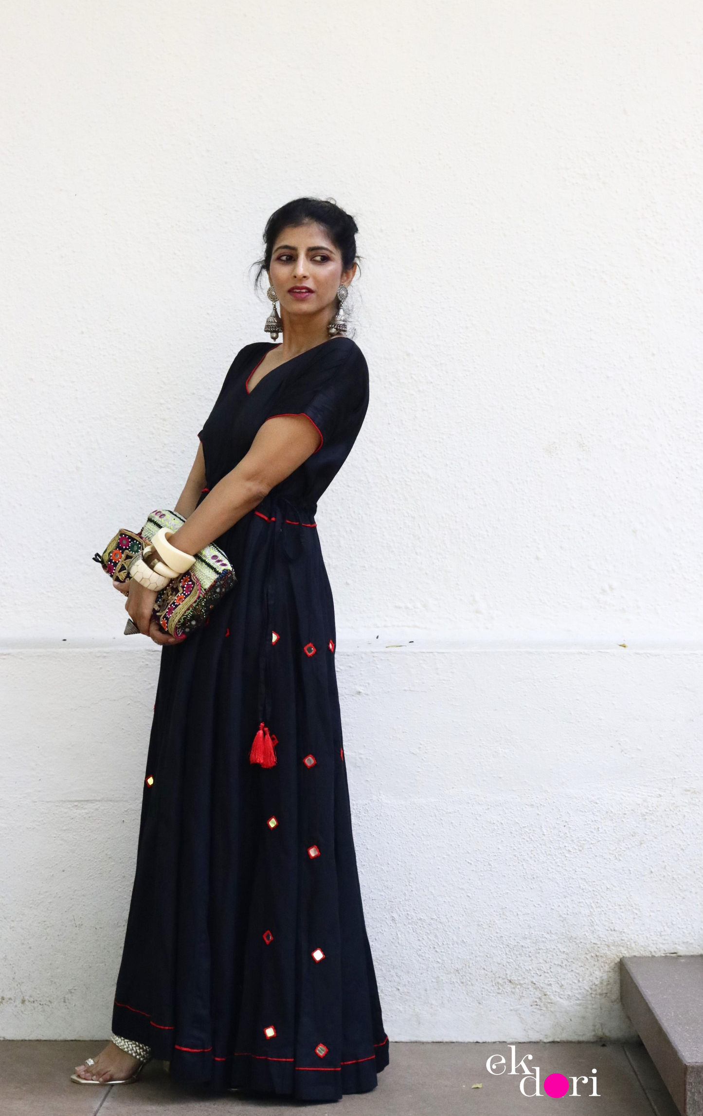 'Taaron Bhara Aasman' Mirror Work Cotton Anarkali Festive Dress : Festive Navratri Cotton Maxi Dress