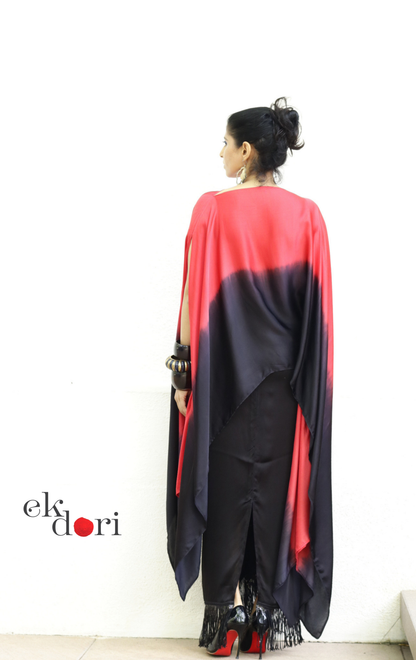 Modal Ombré Drape Top ; Fringe Wrap Skirt Co-ord Set in Red ; Black | 'Scarlett Noir' | Ek Dori
