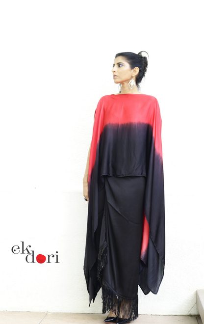 Modal Ombré Drape Top ; Fringe Wrap Skirt Co-ord Set in Red ; Black | 'Scarlett Noir' | Ek Dori