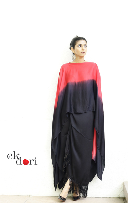 Modal Ombré Drape Top ; Fringe Wrap Skirt Co-ord Set in Red ; Black | 'Scarlett Noir' | Ek Dori