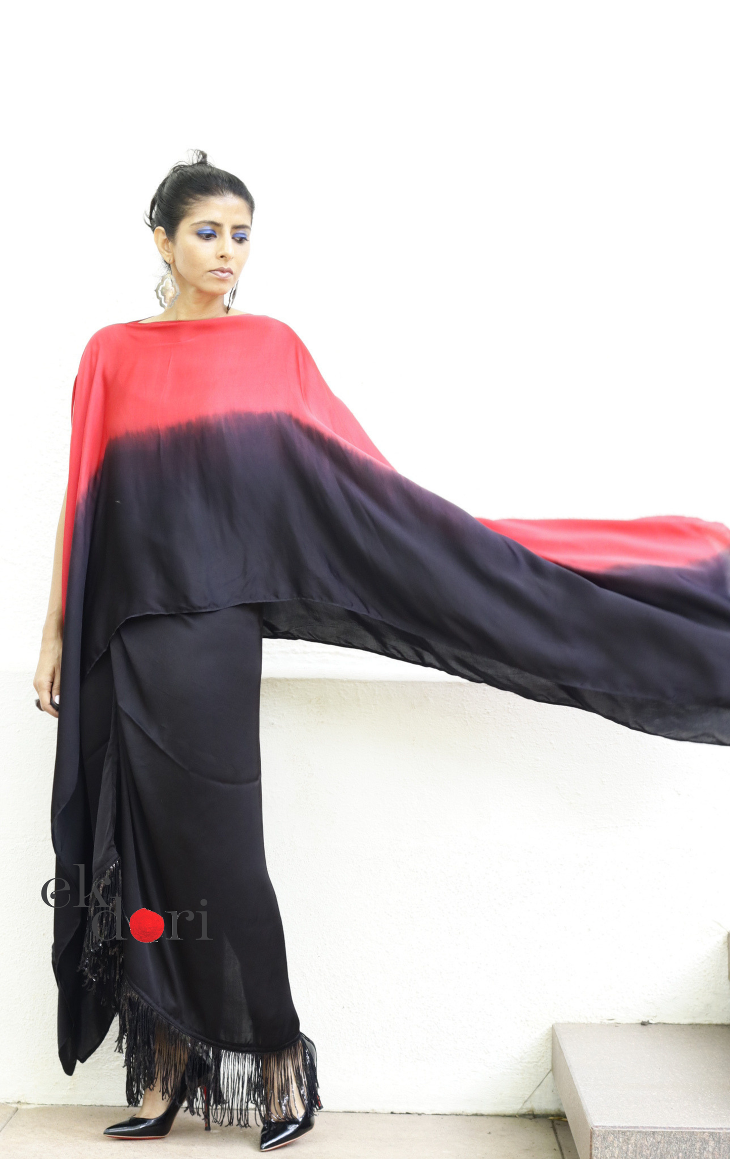 Modal Ombré Drape Top ; Fringe Wrap Skirt Co-ord Set in Red ; Black | 'Scarlett Noir' | Ek Dori