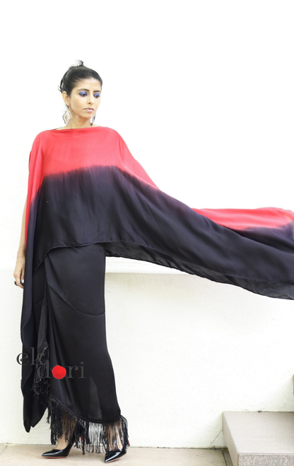 Modal Ombré Drape Top ; Fringe Wrap Skirt Co-ord Set in Red ; Black | 'Scarlett Noir' | Ek Dori