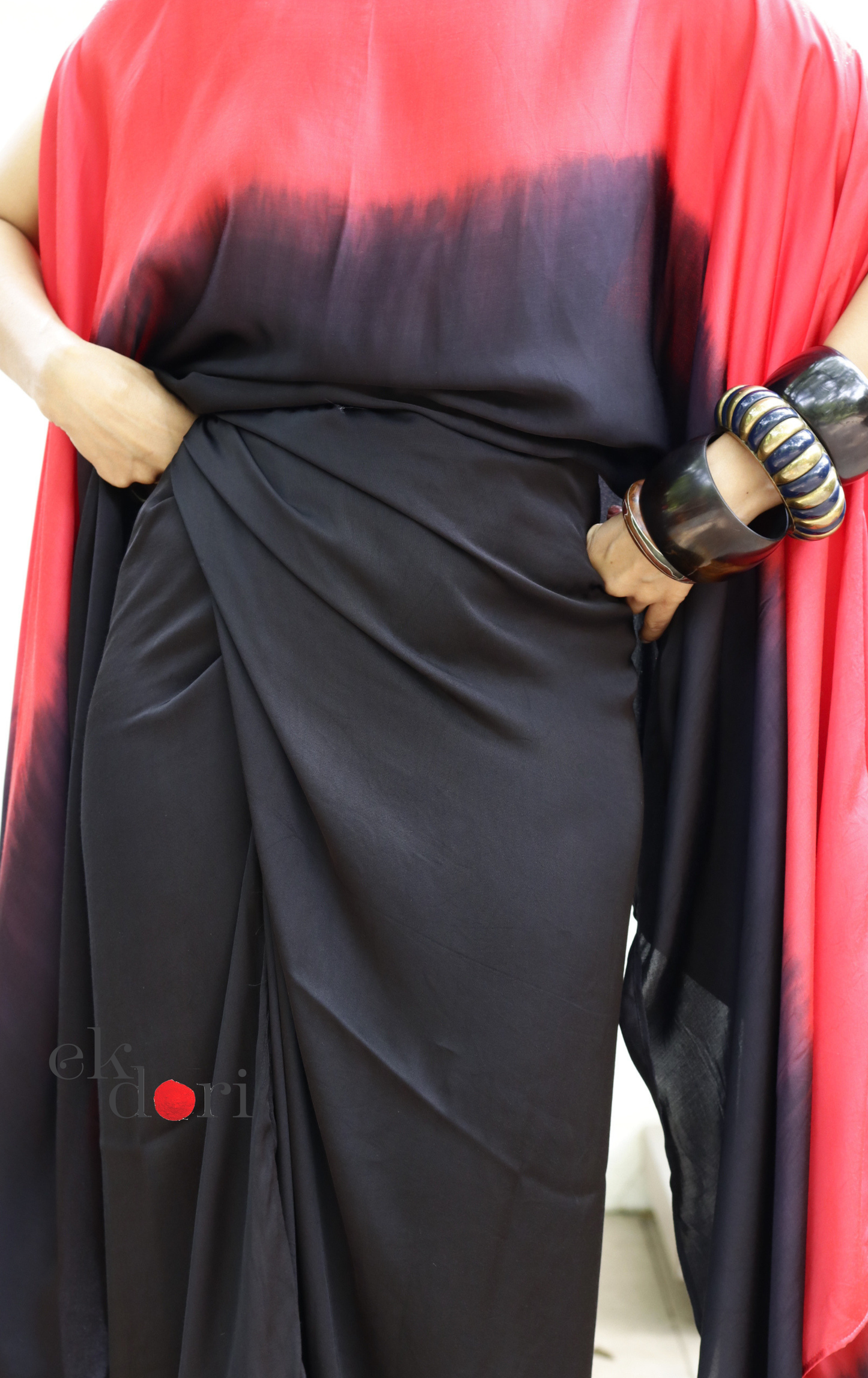 Modal Ombré Drape Top ; Fringe Wrap Skirt Co-ord Set in Red ; Black | 'Scarlett Noir' | Ek Dori