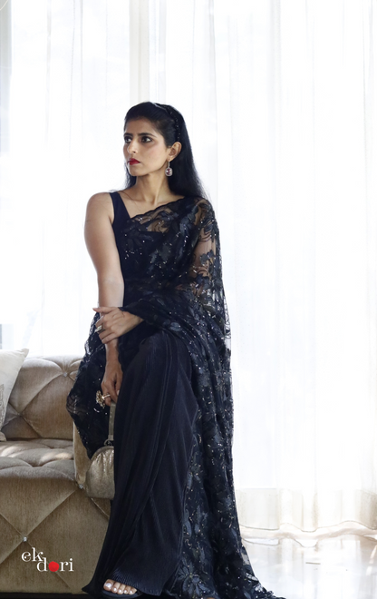 'Beauty In Black' Statement Black Sequin Saree : Bling It On Festive Cocktail Saree Collection