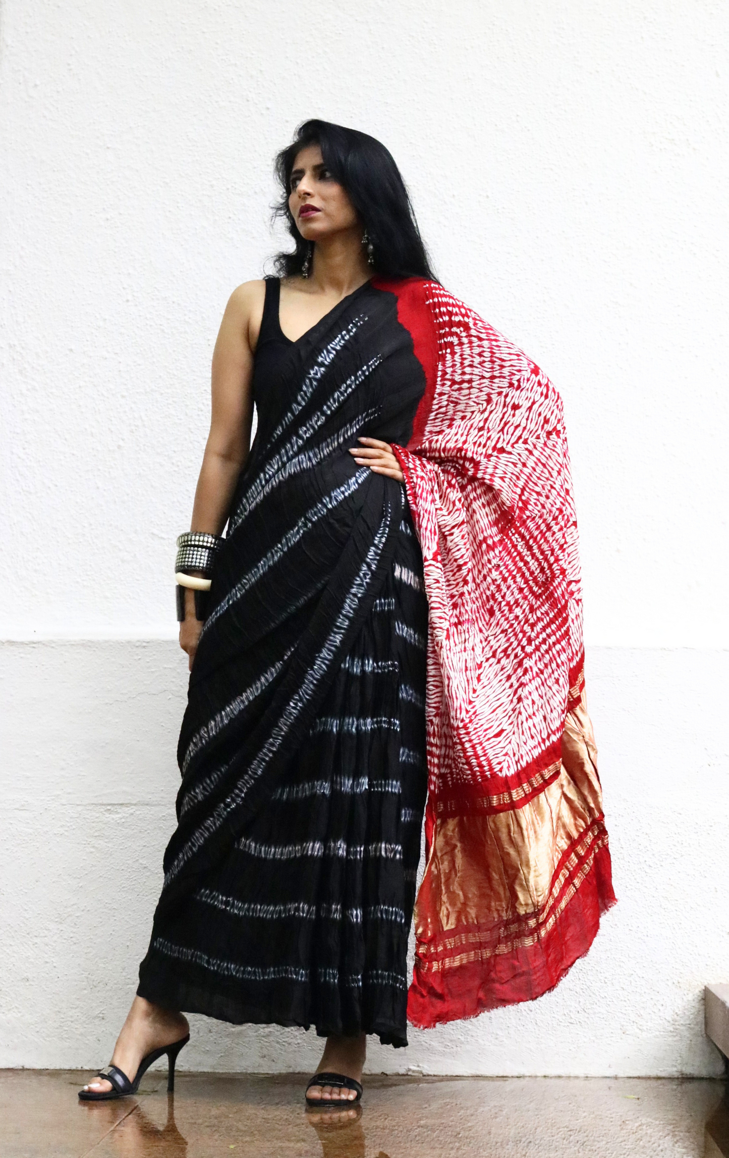 Buy Statement Black Shibori Saree : Black Shibori Cocktail Saree 'Dark Love'