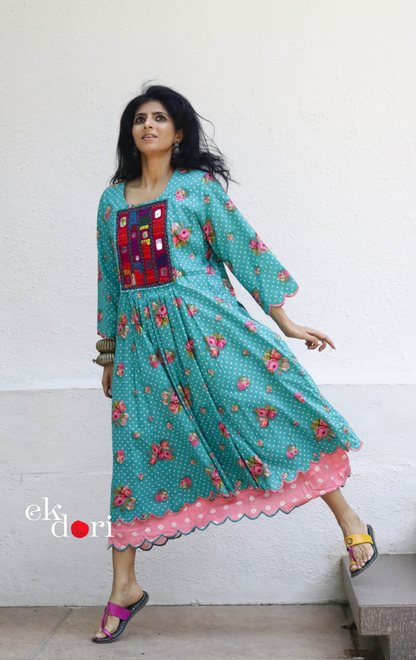 Cotton Dress With Mirror Hand Embroiderey &amp; Scalloped Edges : 'Blossom' Cotton Summer Dress