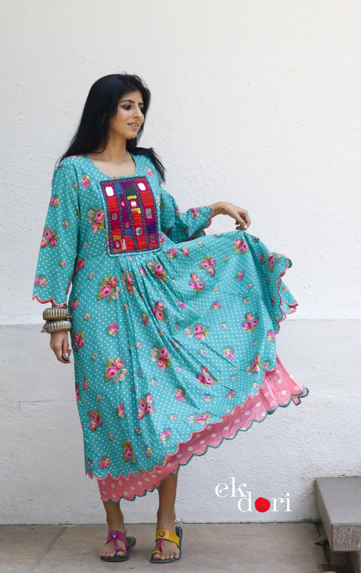 Cotton Dress With Mirror Hand Embroiderey &amp; Scalloped Edges : 'Blossom' Cotton Summer Dress