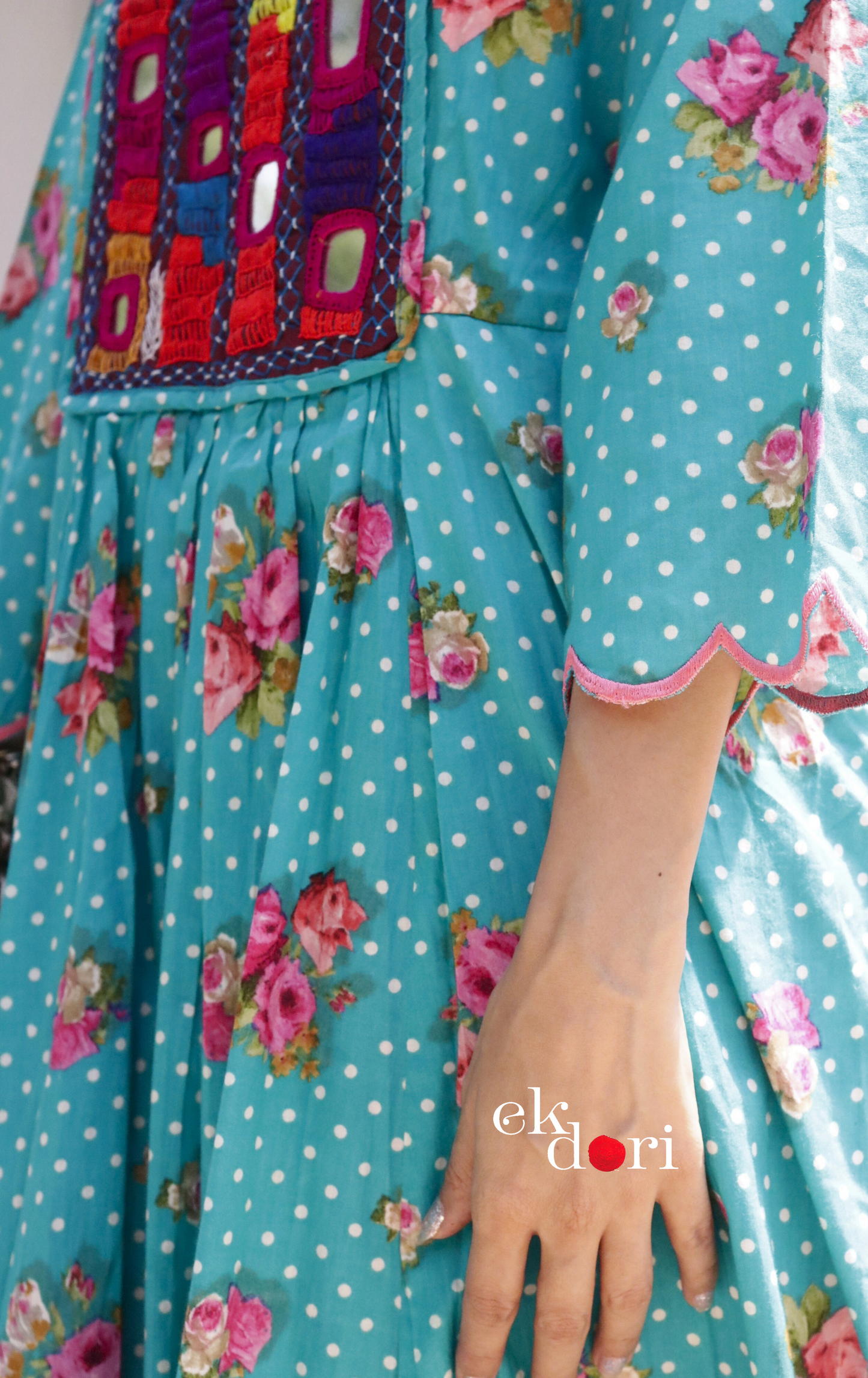 Cotton Dress With Mirror Hand Embroiderey &amp; Scalloped Edges : 'Blossom' Cotton Summer Dress