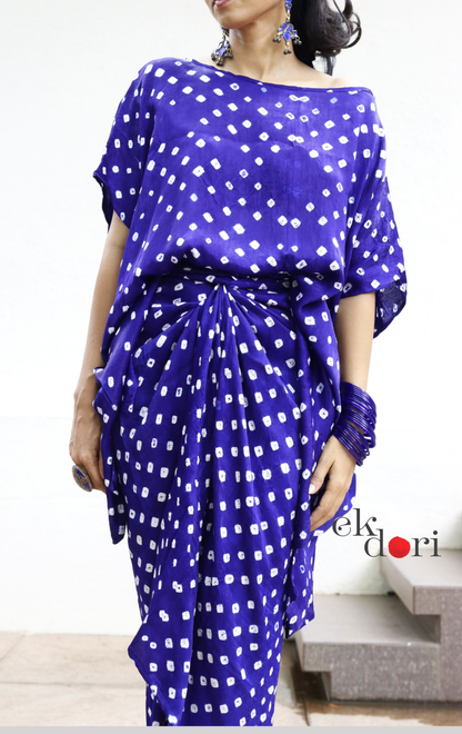 Bandhani Modal Co-ord Skirt Set 'Neela Ambar' : 2 Piece Skirt &amp; Bandhani Top Set
