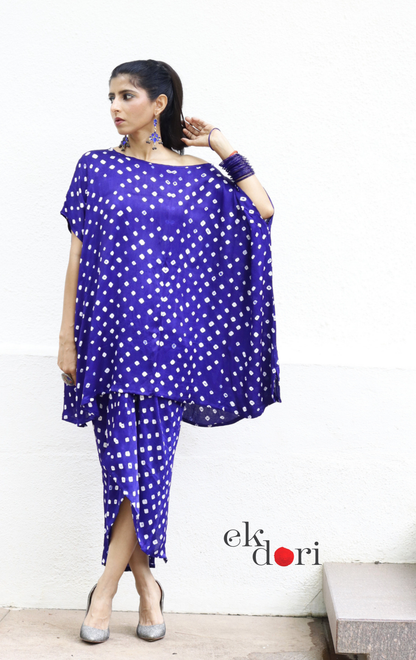 Bandhani Modal Co-ord Skirt Set 'Neela Ambar' : 2 Piece Skirt &amp; Bandhani Top Set