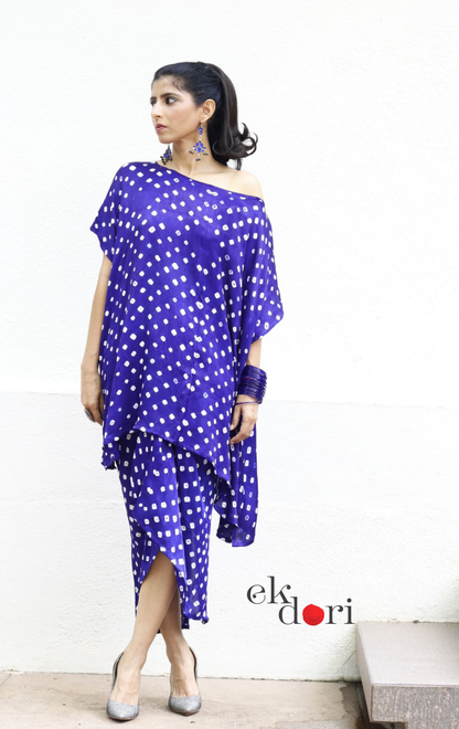 Bandhani Modal Co-ord Skirt Set 'Neela Ambar' : 2 Piece Skirt &amp; Bandhani Top Set