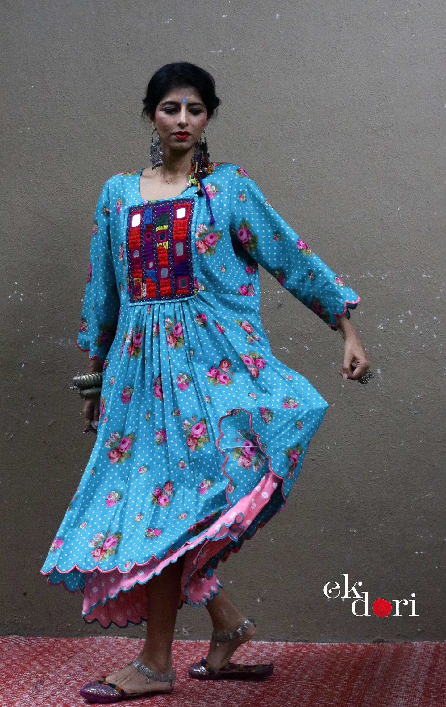 Cotton Dress With Mirror Hand Embroiderey &amp; Scalloped Edges : 'Blossom' Cotton Summer Dress