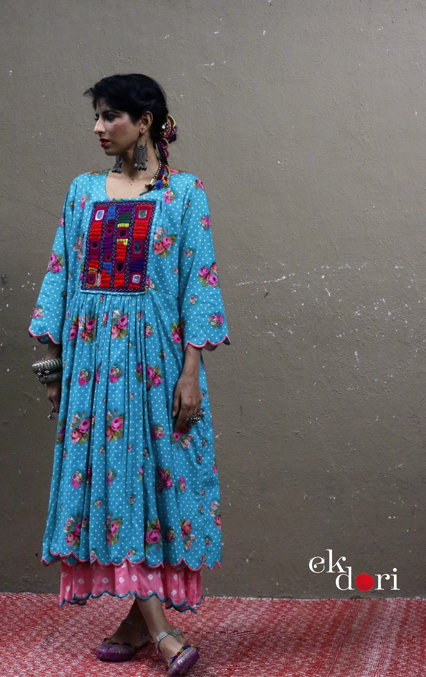 Cotton Dress With Mirror Hand Embroiderey &amp; Scalloped Edges : 'Blossom' Cotton Summer Dress